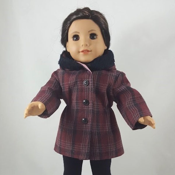 Sienna Plaid Coat with Black Faux Fur Trimmed Hood made to fit 18 inch dolls