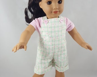 Olive, Mint and Pink Heart or Red and White Stripe Overall Shorts & Coordinating Tee made to fit 18 inch dolls