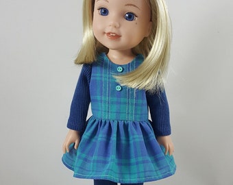 Blue Plaid Dress and Leggings made to fit 14.5 inch dolls