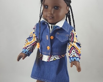 Blue Jean Vest & Skirt, Chemisier à imprimé aztèque fait pour s’adapter à la poupée 18 »