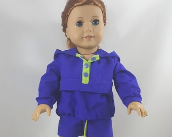 Royal Blue, Lime Green Accented Hooded Jacket and Shorts made to fit 18 inch dolls