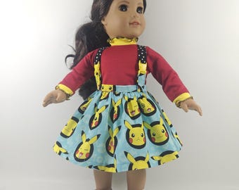 Baby Blue, Royal Blue, Spring Green,  or Yellow Pikachu Print Skirt with Coordinating Shirts made to fit 18 inch dolls