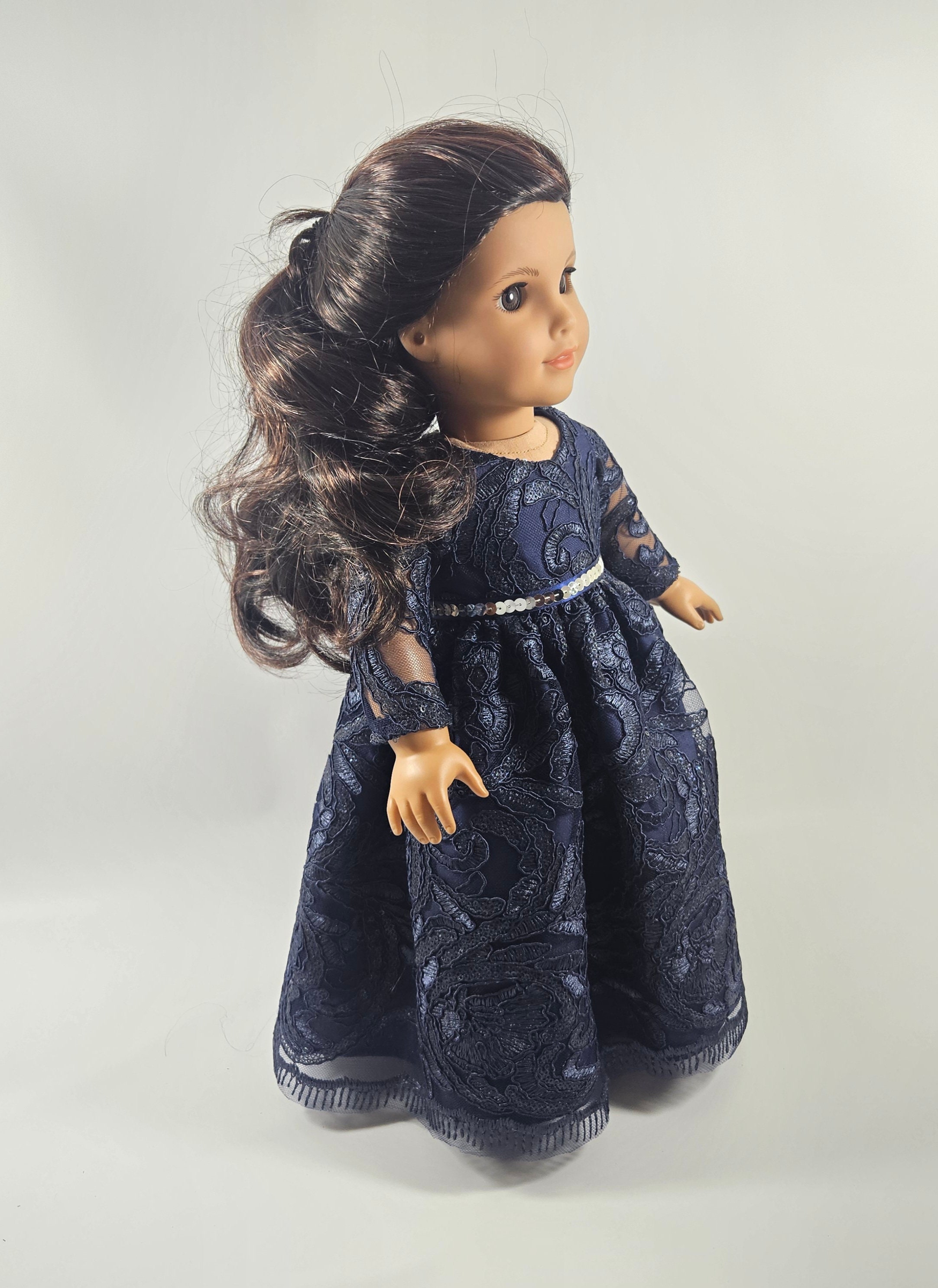 18082 Navy Blue Embroidered Sequin Top Chiffon Dress