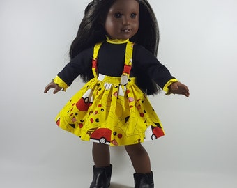 Jupe imprimée pikachu jaune, noire et rouge avec assortiment de chemises noires, adaptée aux poupées de 18 pouces
