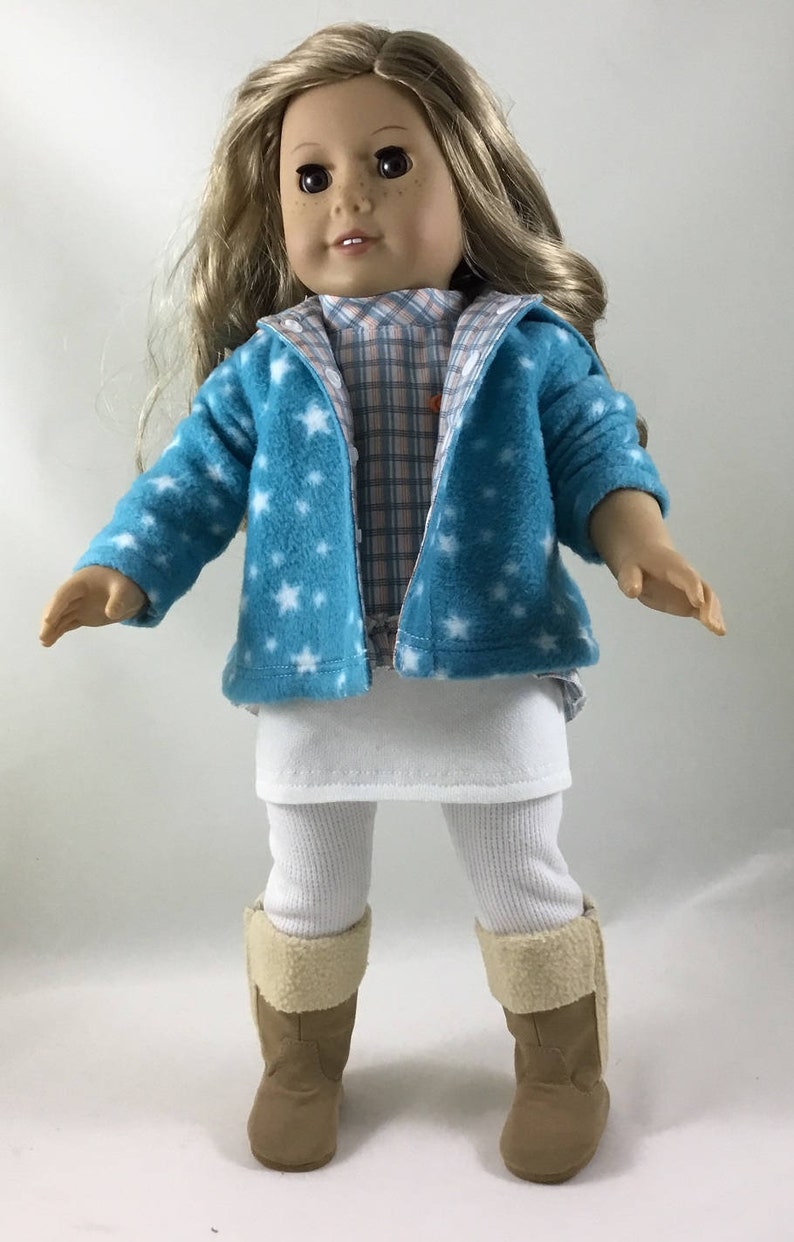 Turquoise Star Print Fleece Hooded Jacket, Plaid Tunic, White Skirt and ...