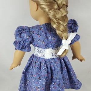 May include: A blue floral dress with a white lace waistband and puffed sleeves. The dress is worn by a doll with blonde hair styled in a braid.