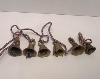 Vintage Set of 6 Brass Cow Bells on Braided Cord Primitive Farmhouse Rustic Decor