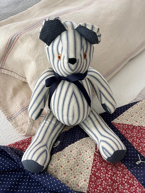 Blue and white striped teddy bear sales