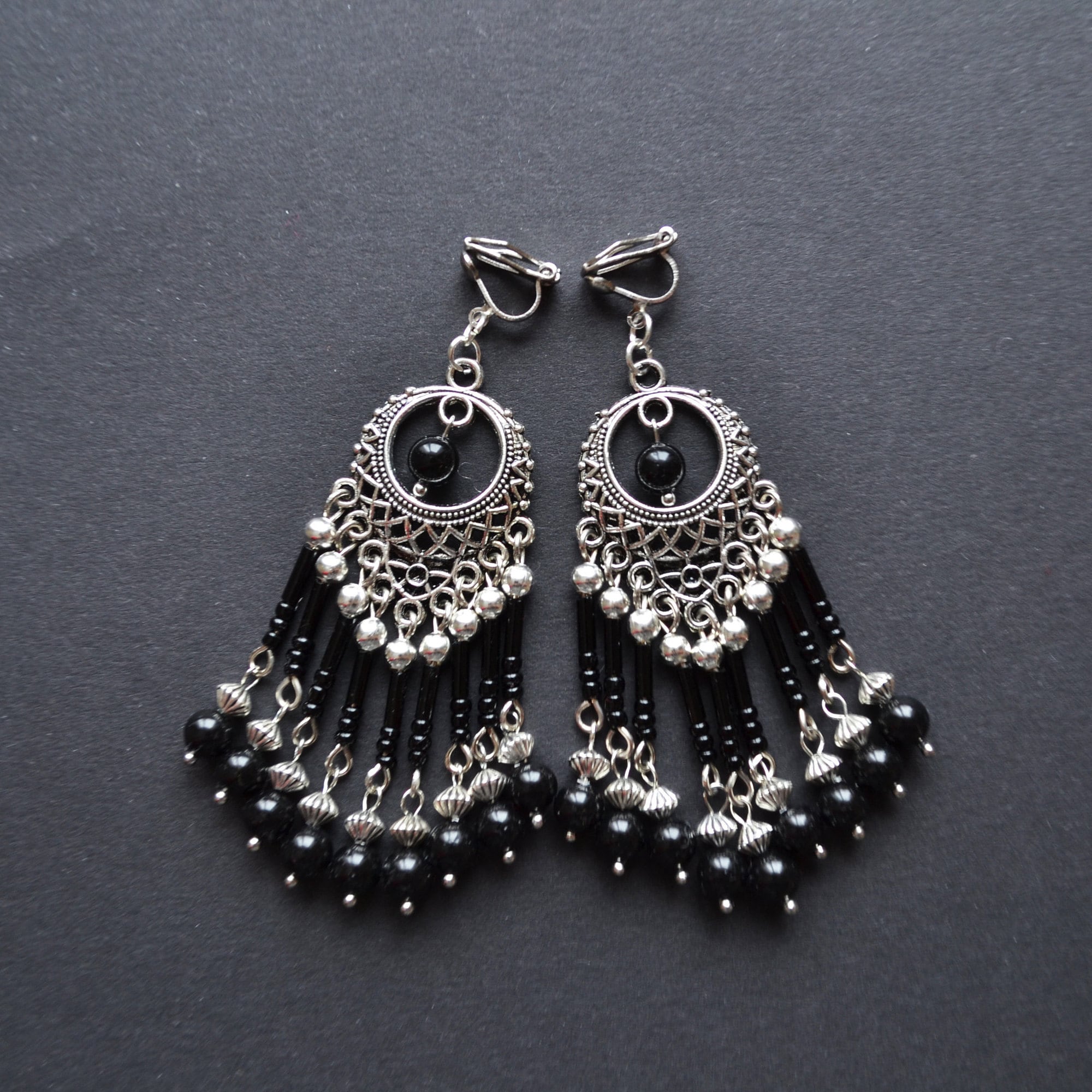 Boho bohemian clip on dangle earrings silver long beaded | Etsy