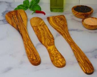 Olivewood spatula set, slotted spatula, curved spatula and crepe spatula, US seller, Free shipping