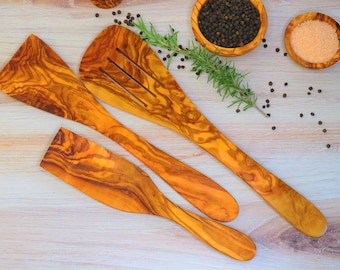 Olivewood spatula set, slotted spatula, curved spatula and pancake spatula, US seller, Free shipping