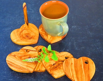 Olive Wood heart coasters set with holder ,Free Shipping, US seller