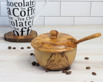 Olive wood Sugar Bowl with Lid and Spoon ,amazing finish,free shipping,original design,US Seller