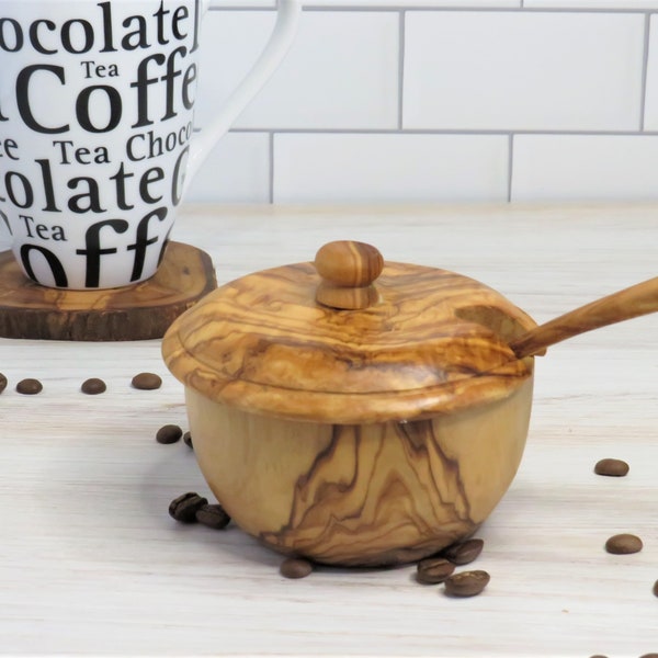 Olive wood Sugar Bowl with Lid and Spoon ,amazing finish,free shipping,original design,US Seller