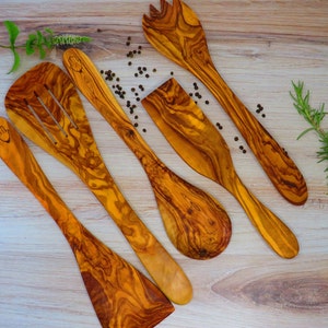 Olive wood 5 piece utensils set ,spoon, spatula, spork, slotted spatula and cake shovel, free shipping, US seller