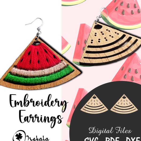 embroidery watermelon earrings fun to stitch laser cut earring file in svg dxf and pdf file format | Instructions Manual included