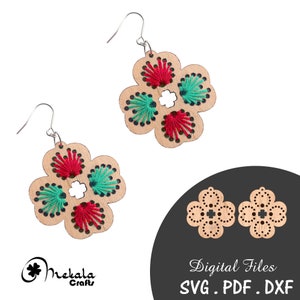 wood embroidery floral earrings laser file in svg pdf and dxf format