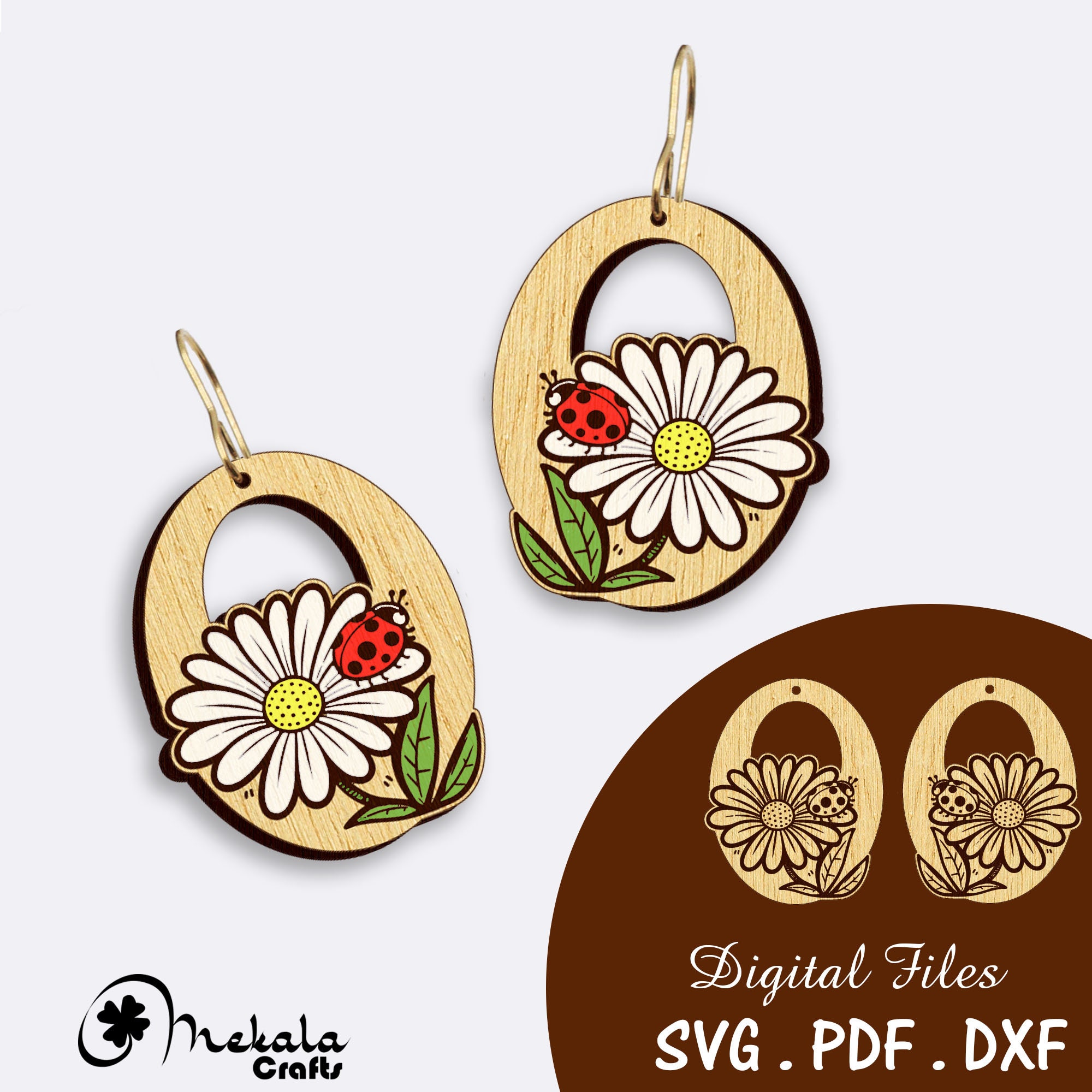 Daisy Ladybug Wooden Earrings Laser Cut File (SVG DXF PDF)