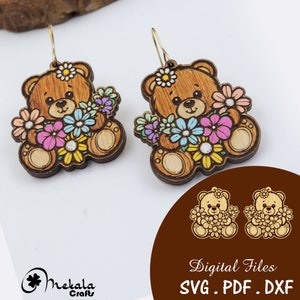 Fichiers de boucles d'oreilles en bois découpés au laser en forme d'ours en peluche au format pdf et dxf svg, compatibles avec la forge luminescente et la gravure à la lumière