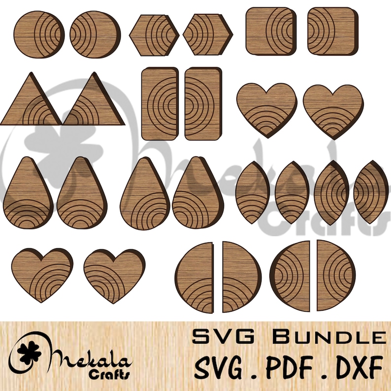 May include: A set of 18 SVG cut files for wood earrings in various shapes, including circles, hearts, teardrops, leaves, and geometric shapes. The designs feature a wood grain texture and concentric circles.