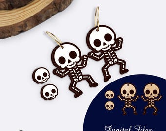 May include: A set of skeleton earrings with a skull design. The earrings are made of wood and have a black and white color scheme. The earrings are accompanied by smaller skull charms. The image also includes the text "Digital Files SVG. PDF. DXF".