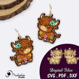 ハイランド牛のレーザーカットの木製イヤリングファイルは、Glowforge および Lightburn と互換性のある SVG、PDF、および DXF ファイル形式で利用できます。