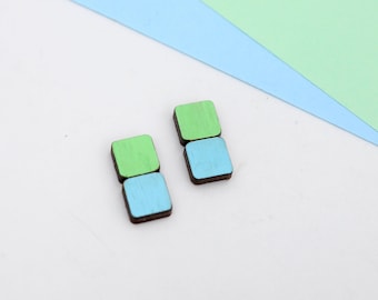 minimalist geometric wooden stud earrings, color block style
