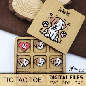 Gioco del tris in legno / Cucciolo di cane e cuori / file in formato svg pdf dxf tagliati al laser / download digitale / manuale di istruzioni incluso