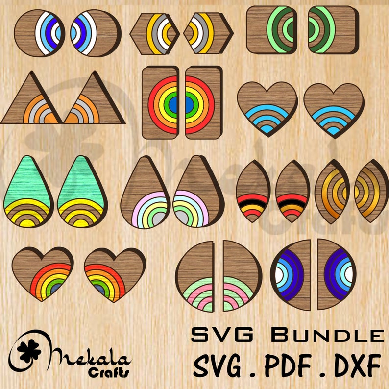 May include: A set of 12 SVG cut files for earrings. The designs include geometric shapes, hearts, and teardrop shapes with rainbow, concentric circle, and striped patterns. The SVG bundle includes PDF and DXF files.