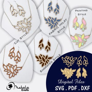 May include: A collection of wooden necklaces and earrings in various styles, including cut, fabric inlay, engraved, and painting styles. The jewelry features floral designs. The image also includes digital file formats: SVG, PDF, and DXF.