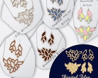 Conjunto de joias com folhas geométricas cortadas a laser: brincos e colar (SVG, DXF, PDF)