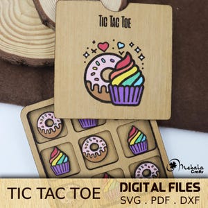 Juego de madera Tic Tac Toe / Donut y cupcake / archivos cortados con láser SVG, PDF y DXF / descarga digital / Manual de instrucciones incluido