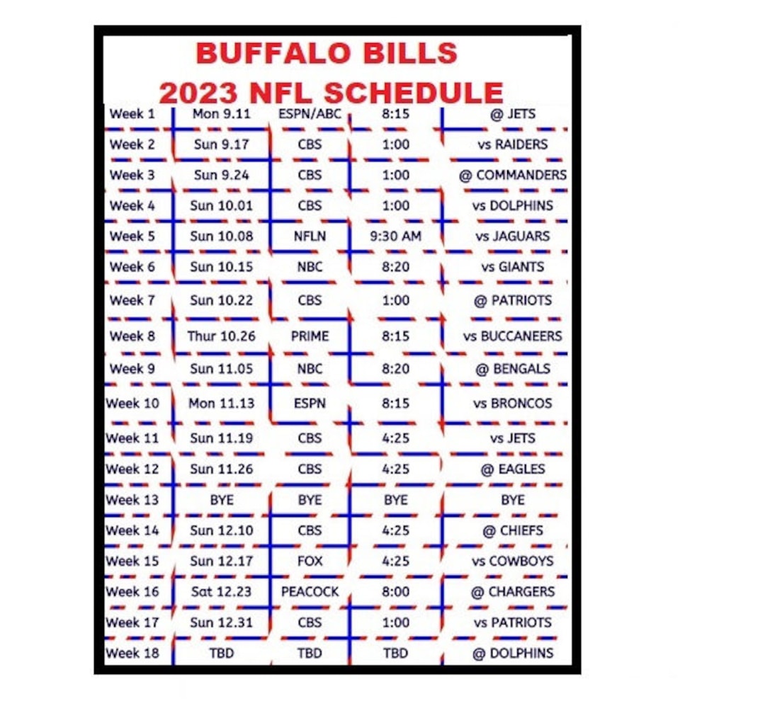 2023 Buffalo Bills NFL Eastern Time Football Schedule 