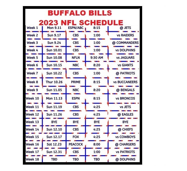 2023 Buffalo Bills NFL Eastern Time Football Schedule Etsy