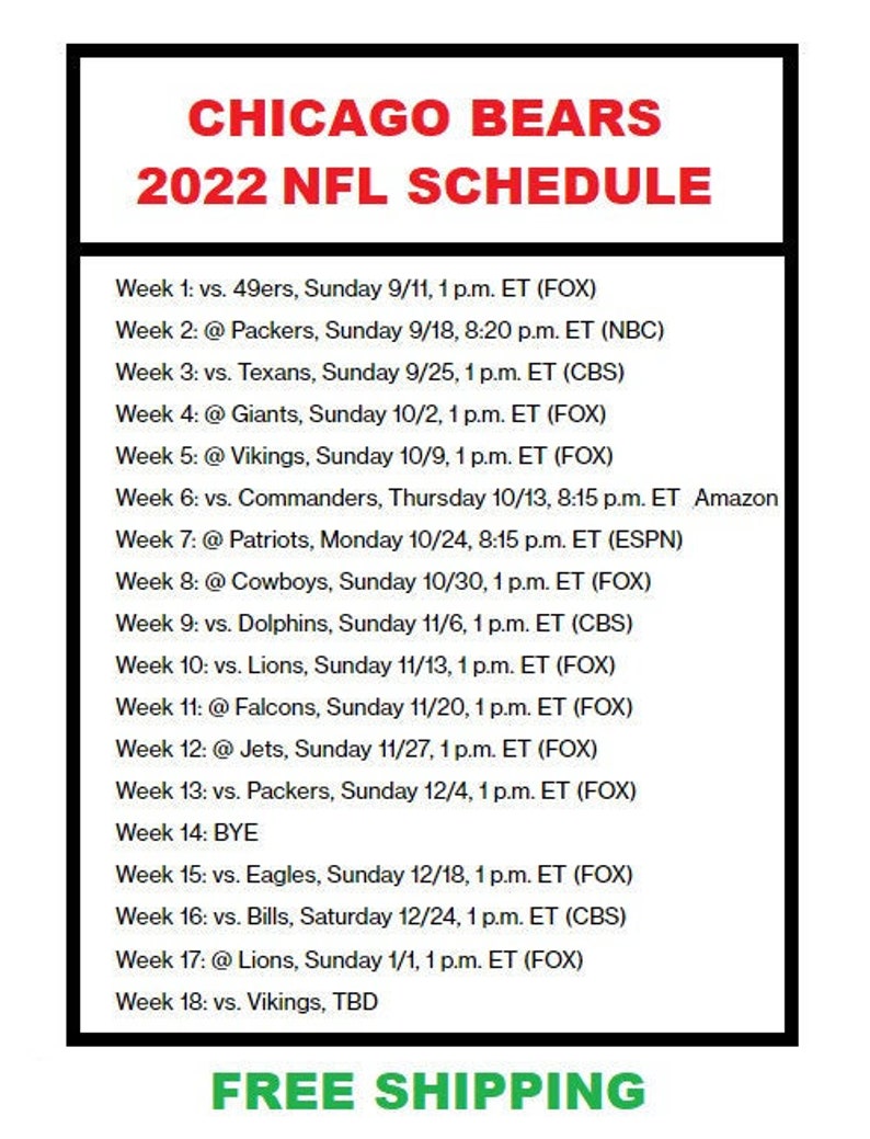 2022 Chicago Bears NFL Football Schedule Refrigerator Etsy