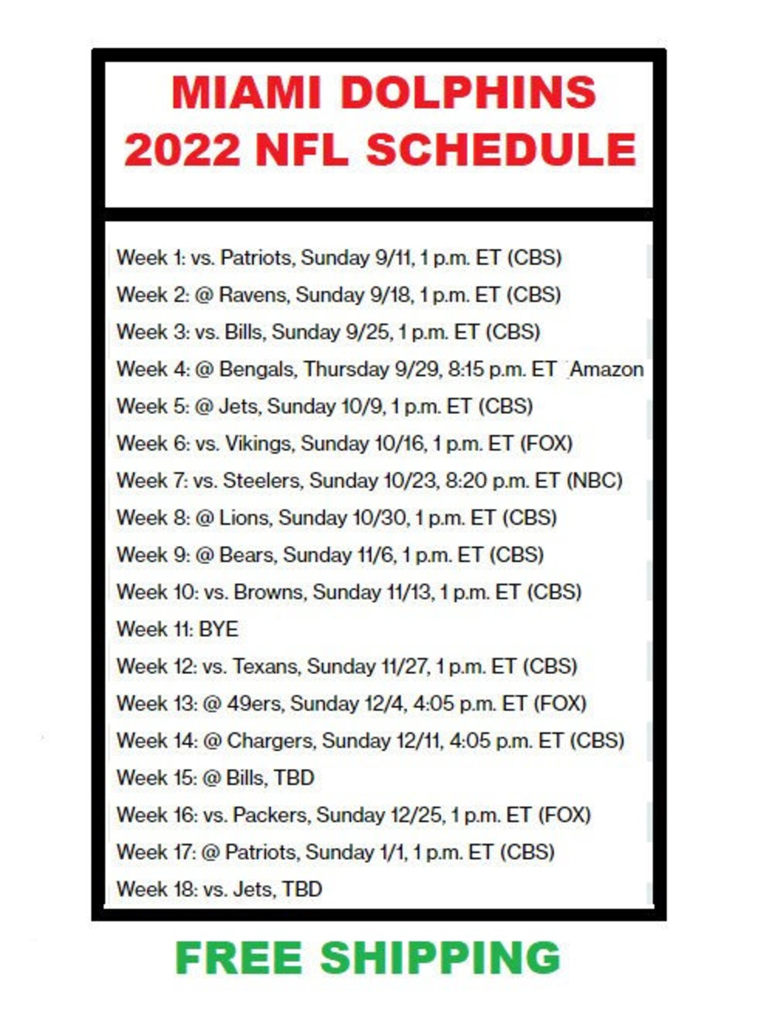 2022 Miami Dolphins NFL Football Schedule Refrigerator Etsy