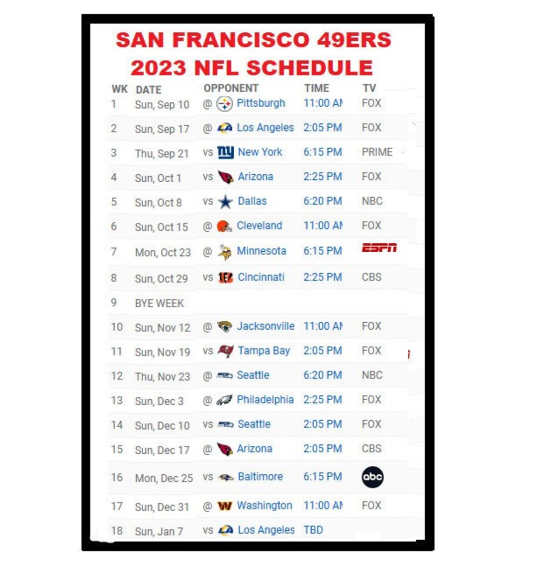 2023 San Francisco 49ers New NFL Football Schedule Etsy