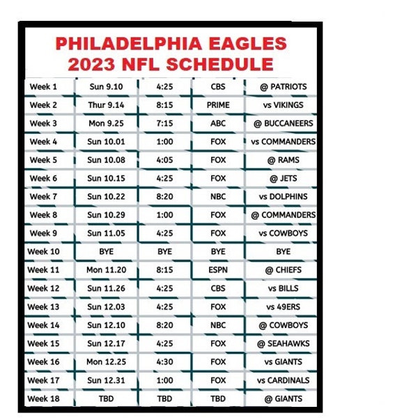 Philadelphia Eagles 2023 24 Schedule Etsy