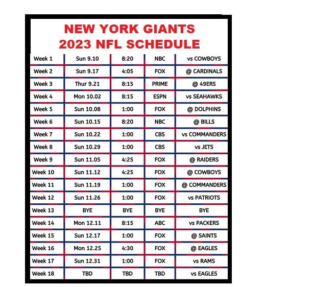 2023 New York Giants New NFL Football Schedule Refrigerator Etsy