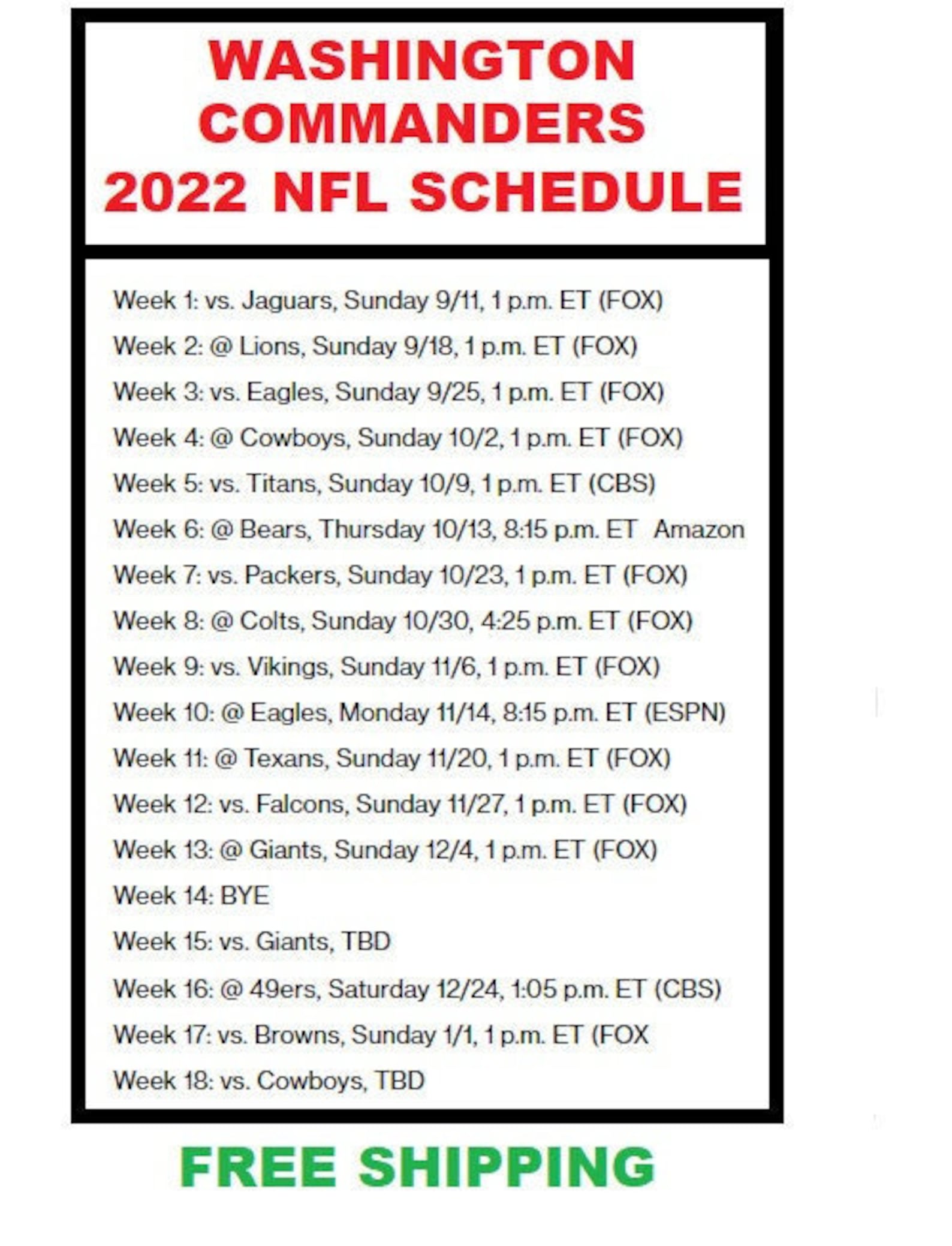 2022 Washington Commanders NFL Football Schedule Refrigerator Etsy