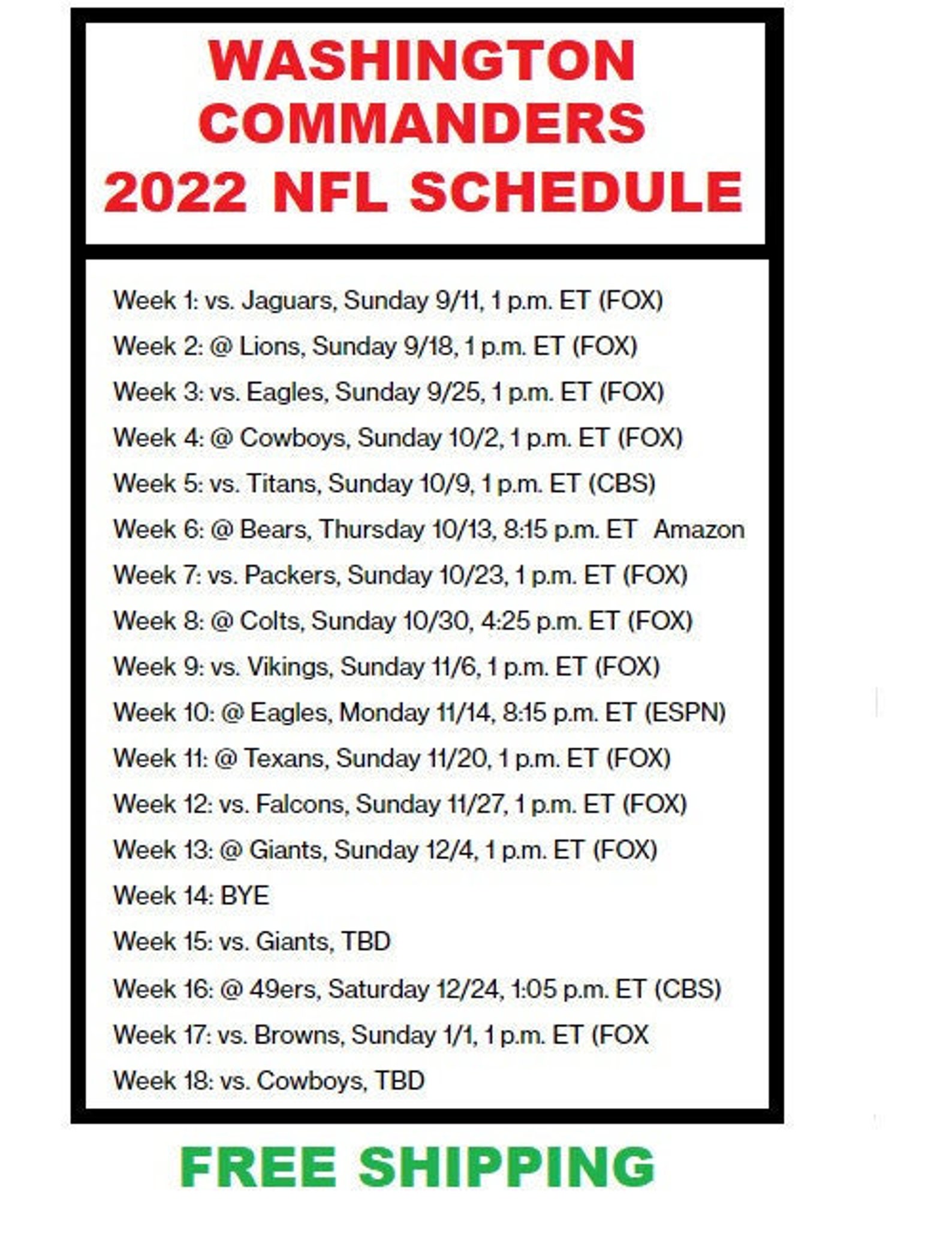 2022 Washington Commanders NFL Football Schedule Refrigerator Etsy