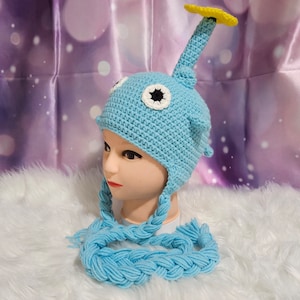 Premade Crochet Light Blue Ice Pikmin inspired Medium sized Character Hat with Ear Flaps, Strings, and Flower Stem