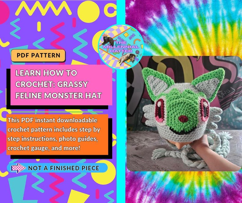 Crochet Pattern for Grassy Feline Monster Hat | PDF Download Only | image 1