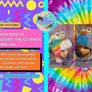May include: A digital PDF crochet pattern for a Furby hat, featuring text that reads: PDF PATTERN, LEARN HOW TO CROCHET: THE ULTIMATE FURBY HAT, and NOT A FINISHED PIECE. The image displays two crocheted hats with large eyes and braided ties.