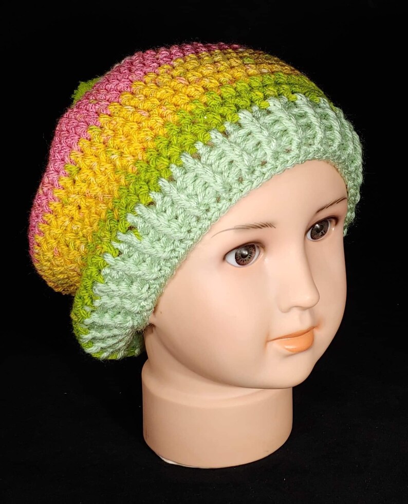 Premade Crochet Strawberry Kiwi Pop cupcake Child sized beanie hat with ribbed edge and green pom pom