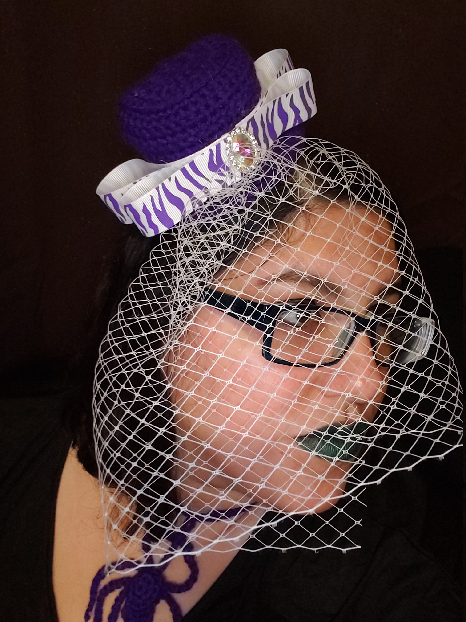 Premade Crochet Purple Zebra Pimp mini bow top hat with veil Etsy