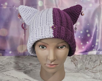 Premade Crochet Galactic Purple Small/Medium Adult Sized Galaxy Cat Slouchy Hat