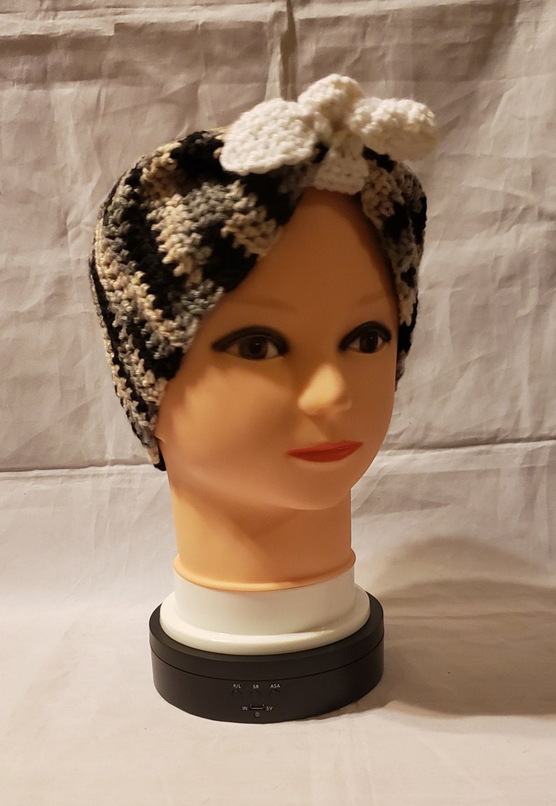 Premade Crochet MIrage Gray mediumlarge adult sized ear warmer with white bow tie head wrap