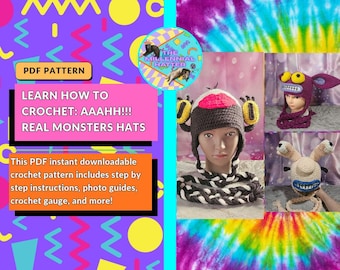 May include: A PDF pattern for crochet monster hats featuring text that reads PDF PATTERN LEARN HOW TO CROCHET: AAAHH!!! REAL MONSTERS HATS. The image displays three distinct crocheted hats with unique monster features, including large eyes and braided ties.