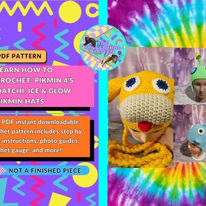 May include: A PDF crochet pattern for Pikmin 4 Oatchi, Ice, and Glow Pikmin hats. The image displays a yellow Oatchi hat with a beige snout, a green Pikmin hat with a stem, and a blue Pikmin hat with a stem, all featuring crocheted details.